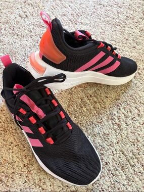 adidas Black Sneakers with Pink Stripes and Coral Heel